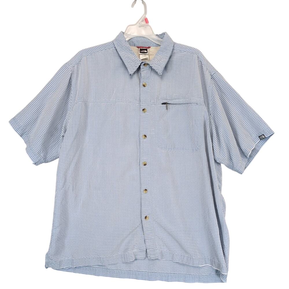 The North Face Men's XL Blue Check Button Up Shirt, Gorpcore Short Sleeve Hiking